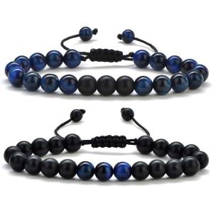 M MOOHAM Beaded Bracelets for Mens Gifts – Natural Stone 8mm Tiger Eye Matte Agate Lava Rock Bracelets for Men Teen Boys Birthday Anniversary Christmas Gifts for Men Teens Grandpa(Blue Tiger Eye&Matte Agate Bracelets)
