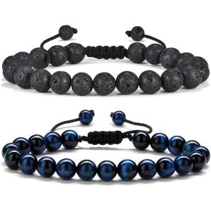 M MOOHAM Beaded Bracelets for Mens Gifts – Natural Stone 8mm Tiger Eye Matte Agate Lava Rock Bracelets for Men Teen Boys Birthday Anniversary Christmas Gifts for Men Teens Grandpa(Lava Rock&Blue Tiger Eye Bracelets)