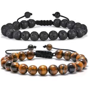 M MOOHAM Beaded Bracelets for Mens Gifts – Natural Stone 8mm Tiger Eye Matte Agate Lava Rock Bracelets for Men Teen Boys Birthday Anniversary Christmas Gifts for Men Teens Grandpa(Lava Rock & Yellow Tiger Eye Bracelets)