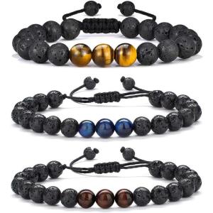 M MOOHAM Beaded Bracelets for Mens Gifts – Natural Stone 8mm Tiger Eye Matte Agate Lava Rock Bracelets for Men Teen Boys Birthday Anniversary Christmas Gifts for Men Teens Grandpa(3 pcs Lava Rock&Tiger Eye Bracelets)