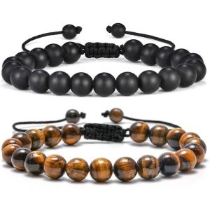 M MOOHAM Beaded Bracelets for Mens Gifts – Natural Stone 8mm Tiger Eye Matte Agate Lava Rock Bracelets for Men Teen Boys Birthday Anniversary Christmas Gifts for Men Teens Grandpa(Matte Agate Bracelet&Tiger Eye Bracelet)