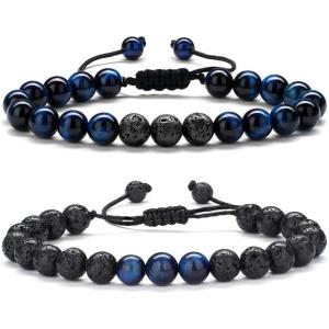 M MOOHAM Beaded Bracelets for Mens Gifts – Natural Stone 8mm Tiger Eye Matte Agate Lava Rock Bracelets for Men Teen Boys Birthday Anniversary Christmas Gifts for Men Teens Grandpa(Blue Tiger Eye&Lava Rock Bracelets)