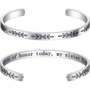 M MOOHAM Bracelets for Women – Engraved Quote Inspirational Bracelet Birthday Christmas Funny Gifts for Best Friend, Daughter, Son, Sister, Niece, Mom, Coworkers, Stainless Steel Jewelry(Wedding gifts-My matron of honor today  my sister forever)