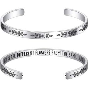 M MOOHAM Bracelets for Women – Engraved Quote Inspirational Bracelet Birthday Christmas Funny Gifts for Best Friend, Daughter, Son, Sister, Niece, Mom, Coworkers, Stainless Steel Jewelry(“Sisters-Sisters are different flowers from the same garden)