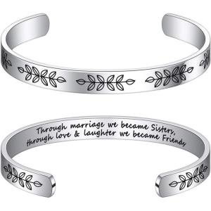 M MOOHAM Bracelets for Women – Engraved Quote Inspirational Bracelet Birthday Christmas Funny Gifts for Best Friend, Daughter, Son, Sister, Niece, Mom, Coworkers, Stainless Steel Jewelry(Wedding gifts-Through marriage we became sisters  through love & laughter we became friends(8mm))