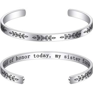 M MOOHAM Bracelets for Women – Engraved Quote Inspirational Bracelet Birthday Christmas Funny Gifts for Best Friend, Daughter, Son, Sister, Niece, Mom, Coworkers, Stainless Steel Jewelry(Wedding gifts-My maid of honor today  my sister forever)