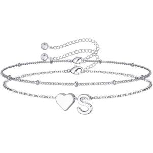 M MOOHAM Christmas Gifts for Grandkids Teens Girls -14K-Gold-Plated Heart Initial Bracelets for Women Girl Dainty Gold Bracelets Birthday Gift Stocking Stuffers for Women Teenage Girls Kids Gifts(Silver-Plated)