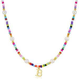 M MOOHAM Colorful Initial Necklaces for Girls Women Kids – Christmas Stocking Stuffers Beaded Pearl Choker Necklace for Women Teen Girl Gifts Trendy Personalized Letter Birthday Gifts Kids Jewelry(B)