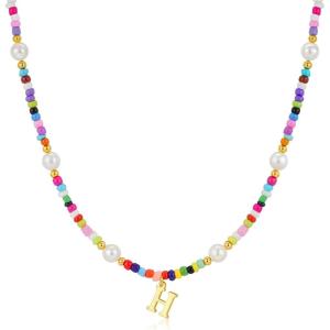 M MOOHAM Colorful Initial Necklaces for Girls Women Kids – Christmas Stocking Stuffers Beaded Pearl Choker Necklace for Women Teen Girl Gifts Trendy Personalized Letter Birthday Gifts Kids Jewelry(H)