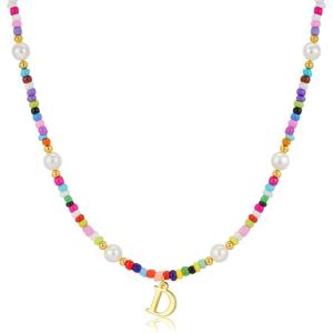 M MOOHAM Colorful Initial Necklaces for Girls Women Kids – Christmas Stocking Stuffers Beaded Pearl Choker Necklace for Women Teen Girl Gifts Trendy Personalized Letter Birthday Gifts Kids Jewelry(D)