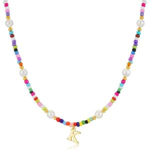 M MOOHAM Colorful Initial Necklaces for Girls Women Kids – Christmas Stocking Stuffers Beaded Pearl Choker Necklace for Women Teen Girl Gifts Trendy Personalized Letter Birthday Gifts Kids Jewelry(K)