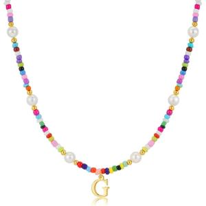 M MOOHAM Colorful Initial Necklaces for Girls Women Kids – Christmas Stocking Stuffers Beaded Pearl Choker Necklace for Women Teen Girl Gifts Trendy Personalized Letter Birthday Gifts Kids Jewelry(G)