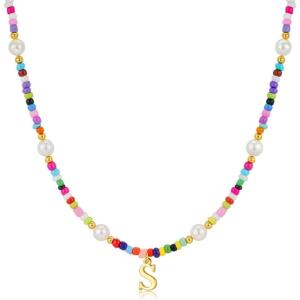 M MOOHAM Colorful Initial Necklaces for Girls Women Kids – Christmas Stocking Stuffers Beaded Pearl Choker Necklace for Women Teen Girl Gifts Trendy Personalized Letter Birthday Gifts Kids Jewelry(S)