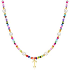 M MOOHAM Colorful Initial Necklaces for Girls Women Kids – Christmas Stocking Stuffers Beaded Pearl Choker Necklace for Women Teen Girl Gifts Trendy Personalized Letter Birthday Gifts Kids Jewelry(T)