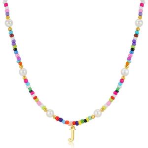 M MOOHAM Colorful Initial Necklaces for Girls Women Kids – Christmas Stocking Stuffers Beaded Pearl Choker Necklace for Women Teen Girl Gifts Trendy Personalized Letter Birthday Gifts Kids Jewelry(J)