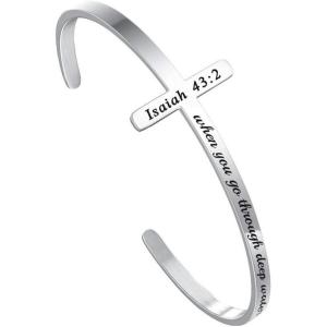 M MOOHAM Cross Bracelet Christian Gifts for Women – Engraved Quote Religious Cuff Bangle Bible Verse Jewelry Gift for Women Confirmation Baptism Gifts Christian Bracelet(When you go through deep waters  I will be with you)