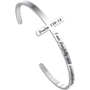 M MOOHAM Cross Bracelet Christian Gifts for Women – Engraved Quote Religious Cuff Bangle Bible Verse Jewelry Gift for Women Confirmation Baptism Gifts Christian Bracelet(I am fearfully and wonderfully made)