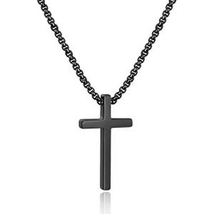 M MOOHAM Cross Necklace for Men, Silver Black Gold Stainless Steel Plain Cross Pendant Necklace for Men Box Chain 16-30 Inch(24)