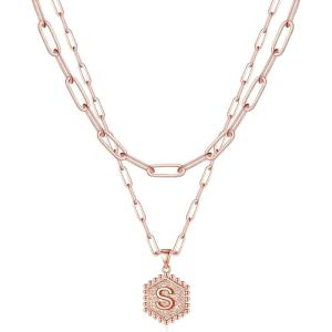 M MOOHAM Dainty Initial Necklaces for Women, 14K-Gold-Plated Layering Necklace for Women Cute Hexagon Letter Initial Necklace Layered Necklaces for Teenage Teen Girls Christmas Gifts Stocking Stuffers(Rose Gold Plated)