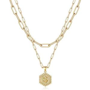 M MOOHAM Dainty Initial Necklaces for Women, 14K-Gold-Plated Layering Necklace for Women Cute Hexagon Letter Initial Necklace Layered Necklaces for Teenage Teen Girls Christmas Gifts Stocking Stuffers(14K-Gold-Plated)