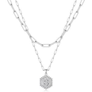 M MOOHAM Dainty Initial Necklaces for Women, 14K-Gold-Plated Layering Necklace for Women Cute Hexagon Letter Initial Necklace Layered Necklaces for Teenage Teen Girls Christmas Gifts Stocking Stuffers(Silver)