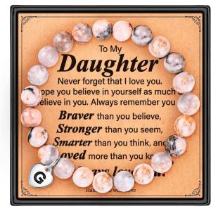 M MOOHAM Gifts for Daughter/Granddaughter/Sister/Always Remember – Pink Natural Stone Bracelet for Girls Teen Girl Gifts Trendy Stuff(Daughter)