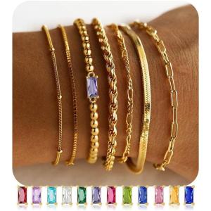 M MOOHAM Gold Birthstone Bracelets Stack for Women – 14K Real Gold Plated Beaded Bracelets Rope Paperclip Chain Stackable Bracelet Non Tarnish, Friendship Birthday Jewelry Gifts for Women Teen(06.June(Alexandrite))