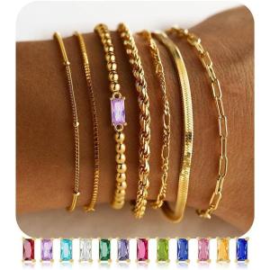 M MOOHAM Gold Birthstone Bracelets Stack for Women – 14K Real Gold Plated Beaded Bracelets Rope Paperclip Chain Stackable Bracelet Non Tarnish, Friendship Birthday Jewelry Gifts for Women Teen(02.February(Amethyst))