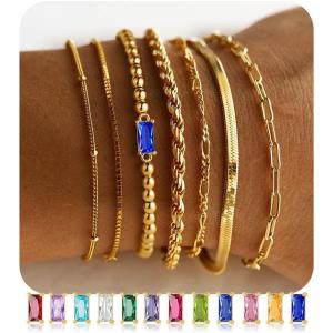 M MOOHAM Gold Birthstone Bracelets Stack for Women – 14K Real Gold Plated Beaded Bracelets Rope Paperclip Chain Stackable Bracelet Non Tarnish, Friendship Birthday Jewelry Gifts for Women Teen(12.December(Tanzanite))