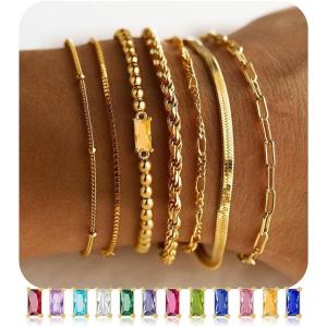 M MOOHAM Gold Birthstone Bracelets Stack for Women – 14K Real Gold Plated Beaded Bracelets Rope Paperclip Chain Stackable Bracelet Non Tarnish, Friendship Birthday Jewelry Gifts for Women Teen(11.November(Citrine))