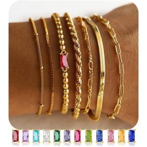 M MOOHAM Gold Birthstone Bracelets Stack for Women – 14K Real Gold Plated Beaded Bracelets Rope Paperclip Chain Stackable Bracelet Non Tarnish, Friendship Birthday Jewelry Gifts for Women Teen(01.January(Garnet))