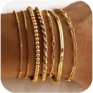 M MOOHAM Gold Bracelets for Women – 14K Real Gold Plated Beaded Bracelets Set Rope Paperclip Chain Stackable Bracelet Non Tarnish, Friendship Birthday Jewelry Gifts for Women Teen(14K Gold Plated)