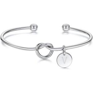 M MOOHAM Gold Initial Bracelets Gifts for Women Teen Girls – Dainty Tie the Knot Letter A-Z Initial Bracelet for Women Gold Cuff Bracelet for Womens Jewelry Personalized Bridesmaid Proposal Gifts(V – Silver)