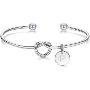 M MOOHAM Gold Initial Bracelets Gifts for Women Teen Girls – Dainty Tie the Knot Letter A-Z Initial Bracelet for Women Gold Cuff Bracelet for Womens Jewelry Personalized Bridesmaid Proposal Gifts(P – Silver)