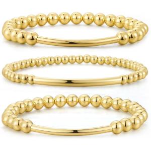 M MOOHAM Gold-Plated Beaded Bracelets for Women Teen Girls Non Tarnish – Dainty 14k-Gold-Plated Pearl Beaded Stretch Bracelet Stack Set for Women Trendy Jewelry Christmas Stocking Teenage Girl Gifts(3 PCS Stretch Bracelets)