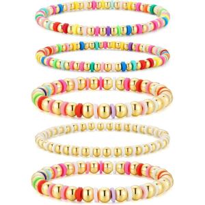 M MOOHAM Gold-Plated Beaded Bracelets for Women Teen Girls Non Tarnish – Dainty 14k-Gold-Plated Pearl Beaded Stretch Bracelet Stack Set for Women Trendy Jewelry Christmas Stocking Teenage Girl Gifts(“5 PCS Colorful Stretch Bracelets)
