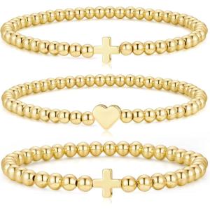 M MOOHAM Gold-Plated Beaded Bracelets for Women Teen Girls Non Tarnish – Dainty 14k-Gold-Plated Pearl Beaded Stretch Bracelet Stack Set for Women Trendy Jewelry Christmas Stocking Teenage Girl Gifts(3 PCS Stretch Bracelets with Cross Heart)