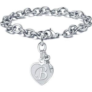 M MOOHAM Heart Initial Bracelets for Women Gifts – Engraved 26 Letters Initial Charms Bracelet Stainless Steel Bracelet Birthday Christmas Jewelry Gift for Women Teen Girls(B – Heart)
