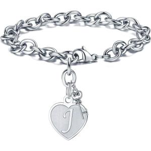 M MOOHAM Heart Initial Bracelets for Women Gifts – Engraved 26 Letters Initial Charms Bracelet Stainless Steel Bracelet Birthday Christmas Jewelry Gift for Women Teen Girls(J – Heart)
