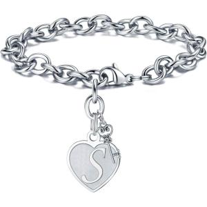 M MOOHAM Heart Initial Bracelets for Women Gifts – Engraved 26 Letters Initial Charms Bracelet Stainless Steel Bracelet Birthday Christmas Jewelry Gift for Women Teen Girls(S – Heart)