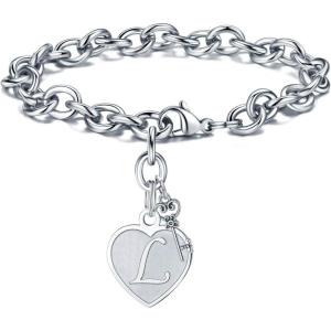 M MOOHAM Heart Initial Bracelets for Women Gifts – Engraved 26 Letters Initial Charms Bracelet Stainless Steel Bracelet Birthday Christmas Jewelry Gift for Women Teen Girls(L – Heart)