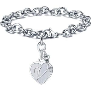 M MOOHAM Heart Initial Bracelets for Women Gifts – Engraved 26 Letters Initial Charms Bracelet Stainless Steel Bracelet Birthday Christmas Jewelry Gift for Women Teen Girls(V – Heart)