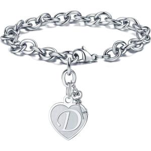 M MOOHAM Heart Initial Bracelets for Women Gifts – Engraved 26 Letters Initial Charms Bracelet Stainless Steel Bracelet Birthday Christmas Jewelry Gift for Women Teen Girls(D – Heart)