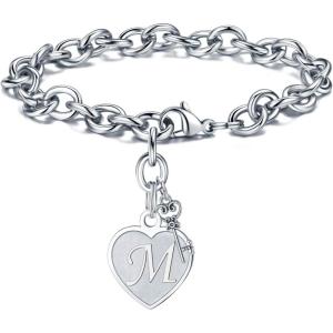 M MOOHAM Heart Initial Bracelets for Women Gifts – Engraved 26 Letters Initial Charms Bracelet Stainless Steel Bracelet Birthday Christmas Jewelry Gift for Women Teen Girls(M – Heart)