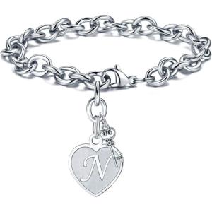 M MOOHAM Heart Initial Bracelets for Women Gifts – Engraved 26 Letters Initial Charms Bracelet Stainless Steel Bracelet Birthday Christmas Jewelry Gift for Women Teen Girls(N – Heart)