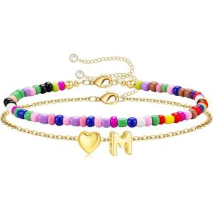 M MOOHAM Initial Bracelets for Women – 14K Gold Plated Dainty Heart Letter A-Z Bracelet Colorful Beaded Initial Bracelet Layered Bracelets Jewelry Gifts for Women Lover Bridesmaids Friends
