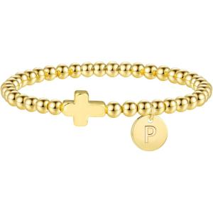 M MOOHAM Initial Bracelets for Women – Cross Bracelet for Womens Letter A-Z Cross Bracelet Gold Beaded Bracelets Dainty Small Jewelry, Religious Christian Gifts for Women(P)