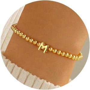 M MOOHAM Initial Bracelets for Women – Letter M Bracelets for Women Trendy Letter Bracelet Gold Plate Cute Tiny Beaded Initial Stretch Bracelet Small Dainty Jewelry