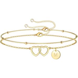 M MOOHAM Initial Bracelets for Women, Dainty Disc Initial A-Z Bracelet Jewelry, Satellite Chain Double Hearts Bracelets, Birthday Gifts for Women Mom Daughter Friend(M)