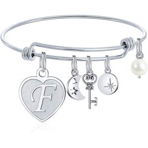 M MOOHAM Initial Charm Bracelets for Women Gifts – Engraved 26 Letters Initial Charms Bracelet Stainless Steel Bangle Bracelet Birthday Christmas Jewelry Gift for Women Teen Girls(F – Heart)